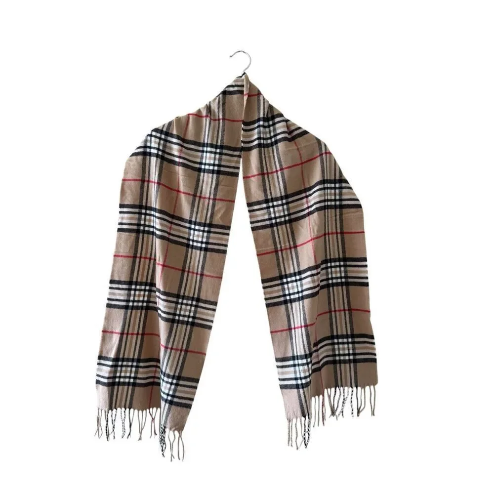 Cashmere Plaid Beige Black SoftLightweight  Fringed Made in Scotland Scarf